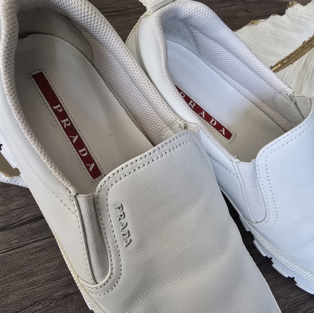 Authentic Prada White Leather Slip-On Shoes - Picture 15 of 16